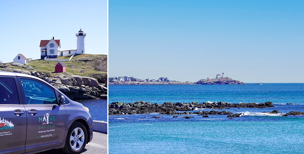 Cape Neddick „Nubble“ Lighthouse bei York, Maine, mit Maine Day Trip Van im Vordergrund und Blick über den Atlantik.