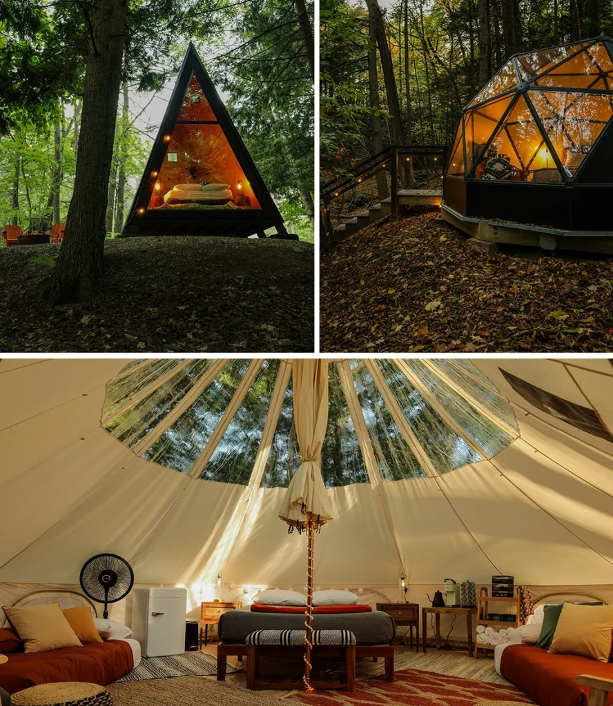 Glamping-Unterkünfte im Desert of Maine Campground bei Freeport, Maine – A-Frame, Glaskuppel und luxuriöses Zelt zwischen Kiefern und Sanddünen.