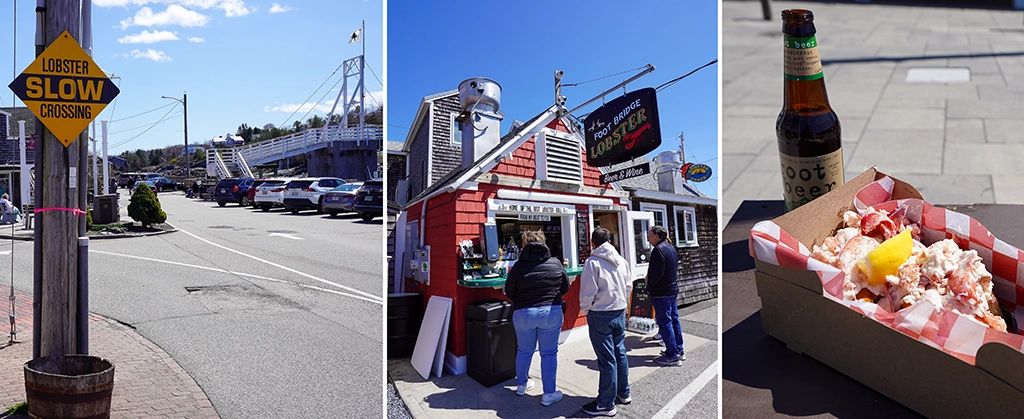 Perkins Cove in Ogunquit, Maine, mit Holzbrücke, Lobster Shack und frischem Lobster Roll auf dem Tisch mit Root Beer.