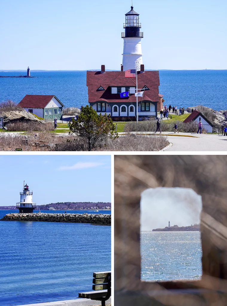 Kombination aus drei Aufnahmen der Leuchttürme rund um Portland, Maine – mit dem berühmten Portland Head Light, Spring Point Ledge Light und Cape Elizabeth Lighthouse.