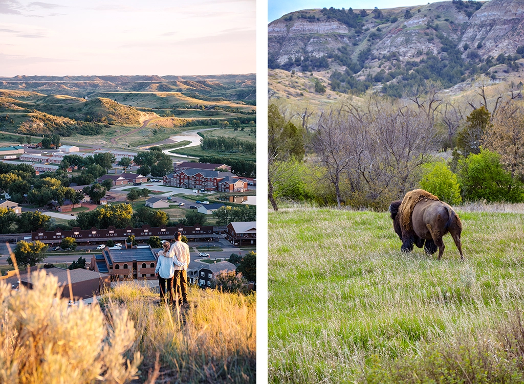 Links: Paar blickt auf die Stadt Medora im Abendlicht. Rechts: Ein Bison trottet durch die Prärie.