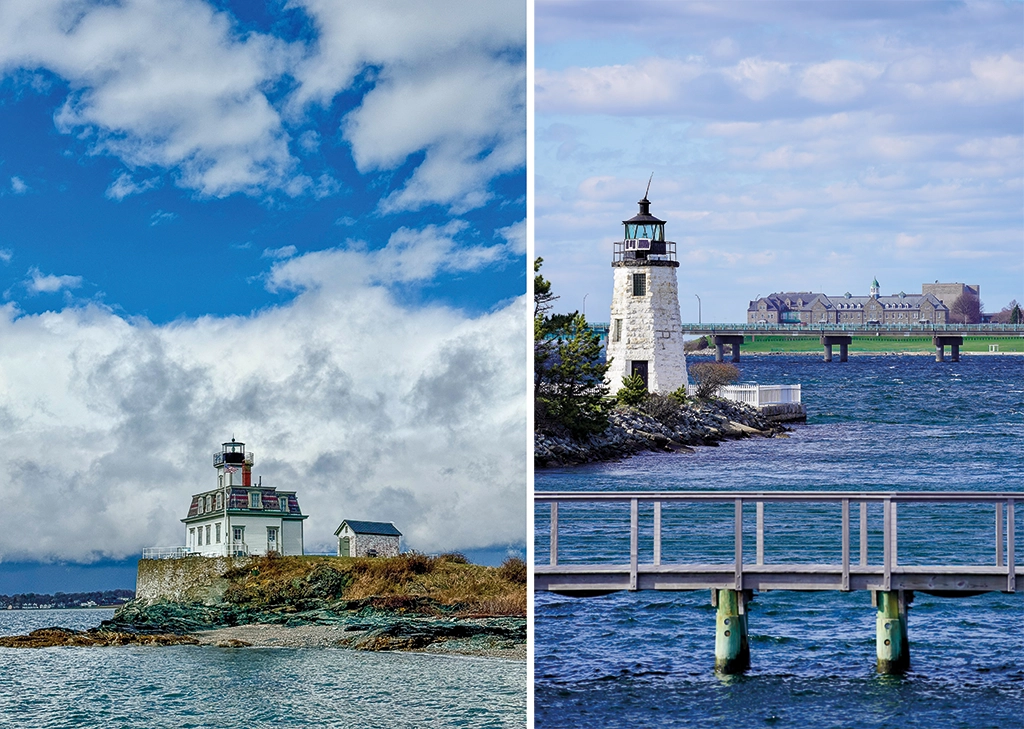 Zwei Leuchttürme vor Newport, Rhode Island: der Rose Island Lighthouse auf einer kleinen Insel und der Goat Island Lighthouse mit Blick auf die Bucht von Narragansett.