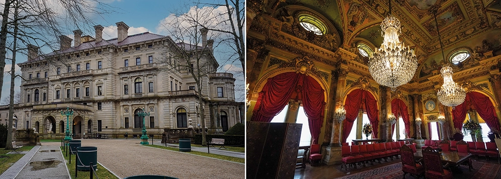 Das prachtvolle Anwesen The Breakers in Newport, Rhode Island, außen und innen: Fassade im Stil der italienischen Renaissance und prunkvoll ausgestatteter Festsaal mit Kronleuchtern und roten Samtvorhängen.