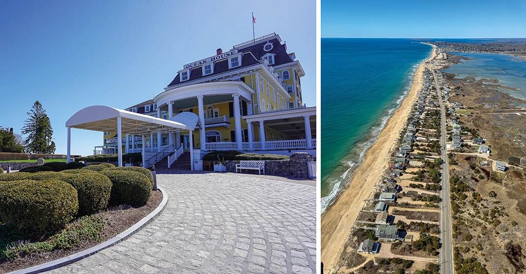 Das Ocean House in Westerly, Rhode Island – ein historisches Grandhotel mit gelber Fassade über dem Meer – und eine Luftaufnahme der langen Küstenlinie von South County mit Stränden und Ferienhäusern.