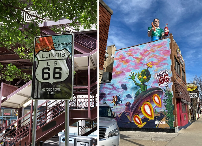 Straßenschild „Historic Route 66 – Begin“ an der Kreuzung South Michigan Avenue und East Adams Street in Chicago, dem offiziellen Startpunkt der Route 66.