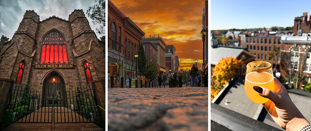 Drei Eindrücke aus Salem, Massachusetts: das rot erleuchtete Salem Witch Museum, die historische Essex Street im Sonnenuntergang und ein Glas Apfel-Cider in einer Rooftop-Bar mit Blick über die Stadt.