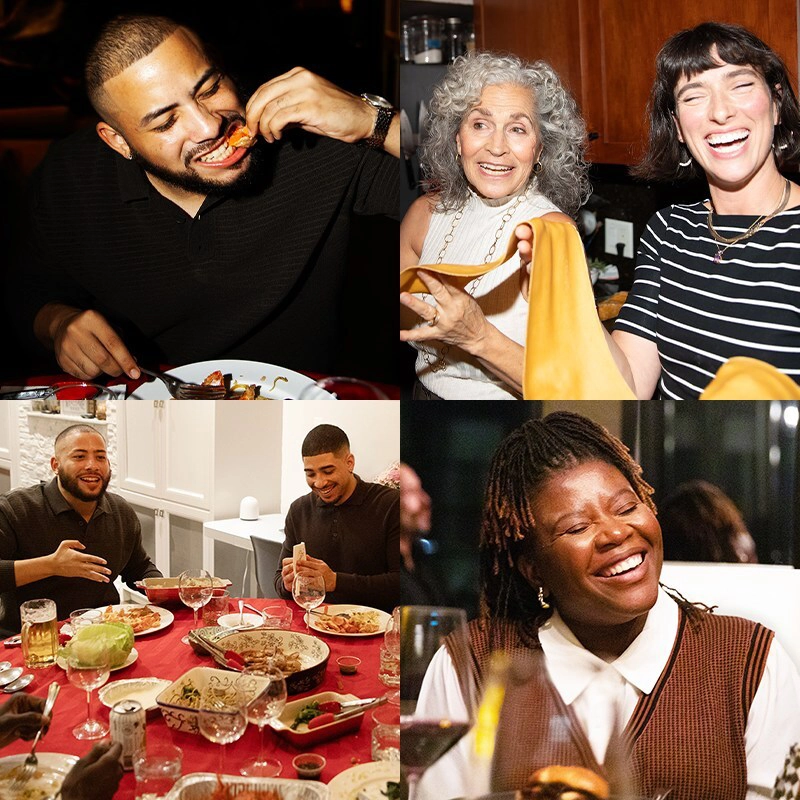 Collage aus vier Alltagsszenen, in denen Menschen gemeinsam essen, kochen und lachen.
