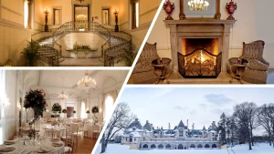 Collage mit mehreren Ansichten des Oheka Castle: Ballsaal, Kaminzimmer, Winterfassade und Treppenhalle