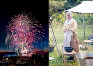 Buntes Feuerwerk über dem nächtlichen Mount Independence in Vermont
