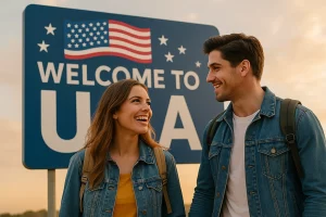 Paar steht lächelnd vor einem großen „Welcome to USA“-Schild bei Sonnenuntergang; KI-generiertes Bild.