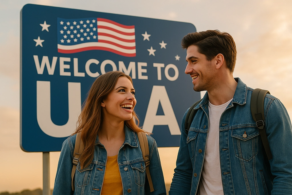 Paar steht lächelnd vor einem großen „Welcome to USA“-Schild bei Sonnenuntergang; KI-generiertes Bild.