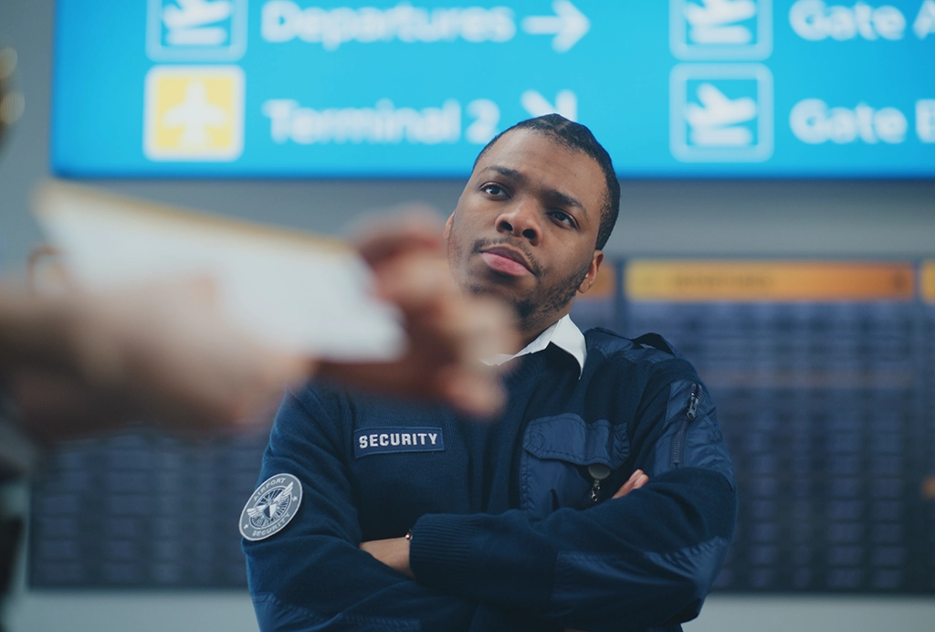 Ein US-Sicherheitsbeamter im Terminal blickt konzentriert auf die Reisedokumente eines Fluggastes.