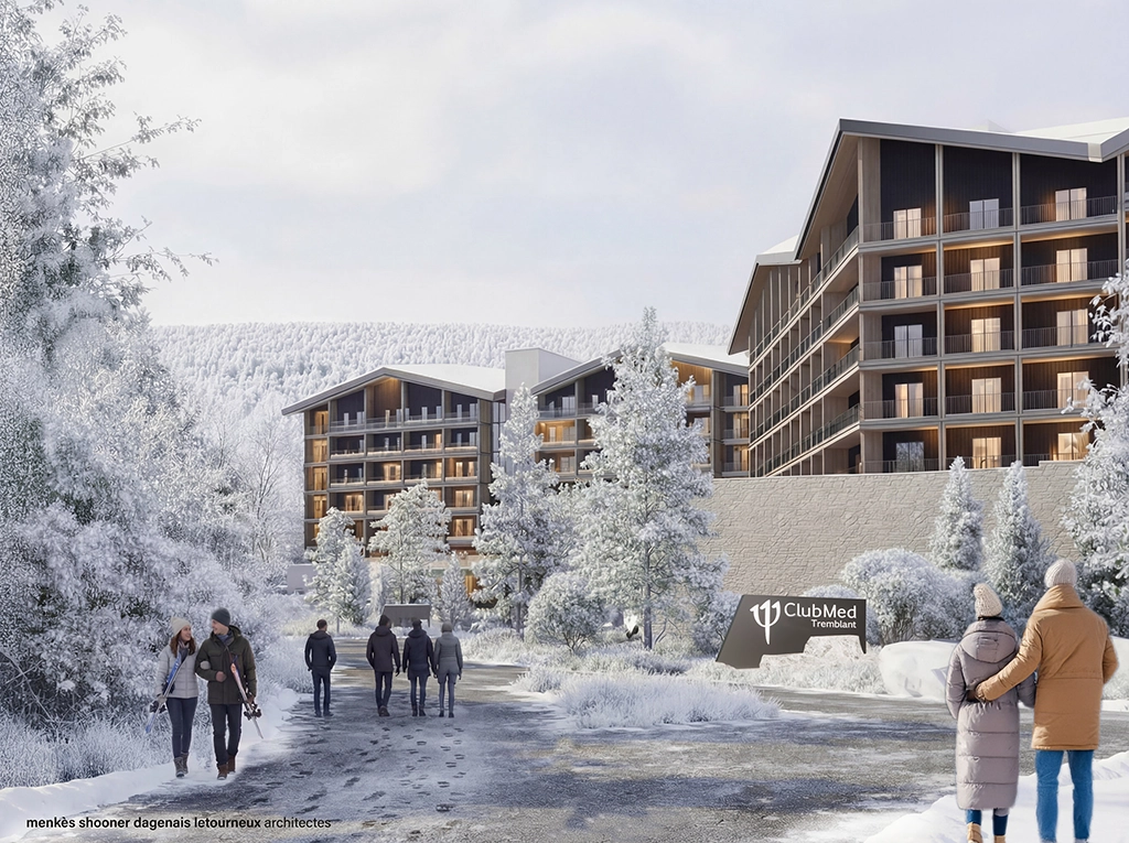 Rendering des zukünftigen Club Med Tremblant im Winter mit modernen Chaletgebäuden, verschneiten Bäumen und Spaziergängern vor alpiner Kulisse.