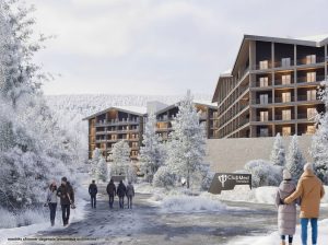 Rendering des zukünftigen Club Med Tremblant im Winter mit modernen Chaletgebäuden, verschneiten Bäumen und Spaziergängern vor alpiner Kulisse.