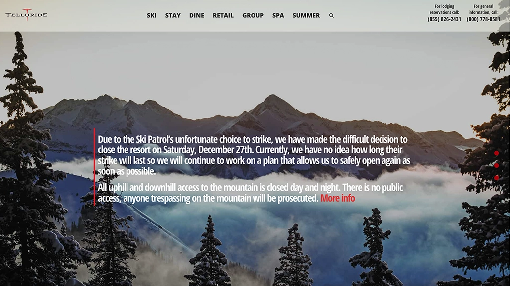 Hinweis auf der Website des Telluride Ski Resort zur vollständigen Schließung des Skigebiets wegen Streiks der Ski Patrol