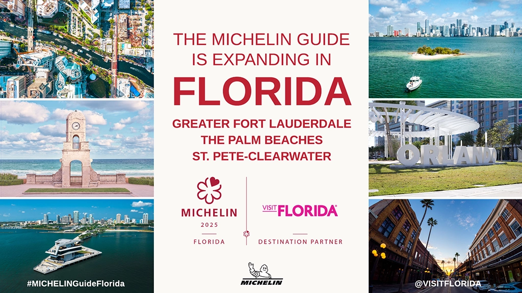 Grafik zur Expansion des Michelin Guide 2025 in Florida mit neuen Städten wie Orlando, Fort Lauderdale und Palm Beaches