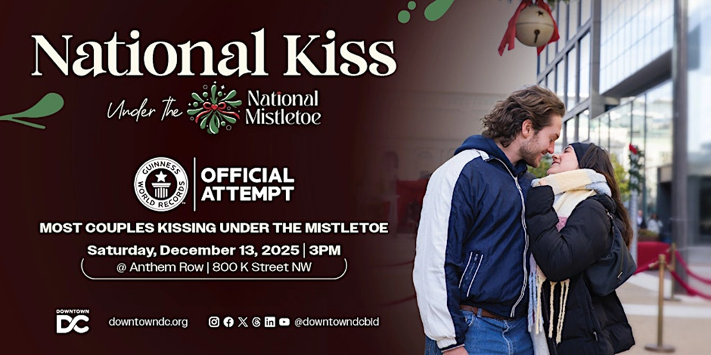 Veranstaltungsplakat zum National Kiss unter dem Mistelzweig in Washington, DC