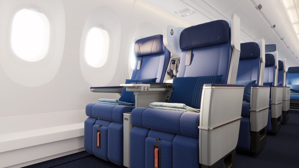 Moderne Sitze in der Premium Economy Class der Edelweiss Airbus A350