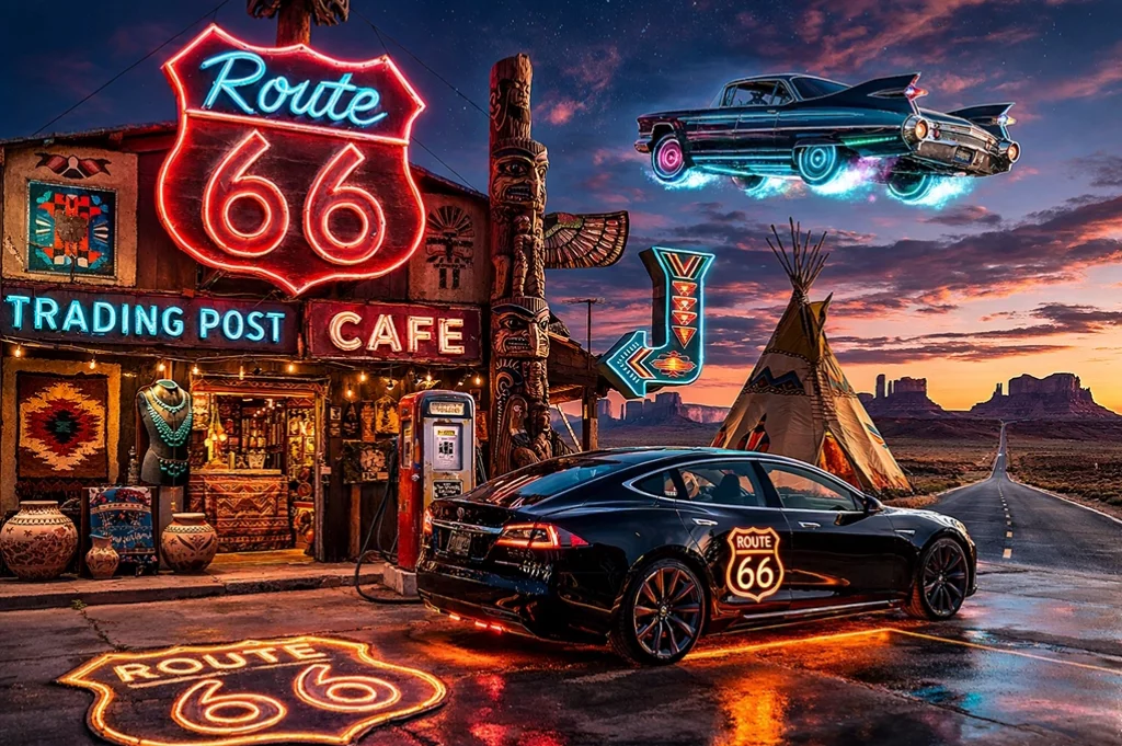 Tesla und fliegender Cadillac vor Neon-Route-66-Schild, Trading Post und Wüstenlandschaft.