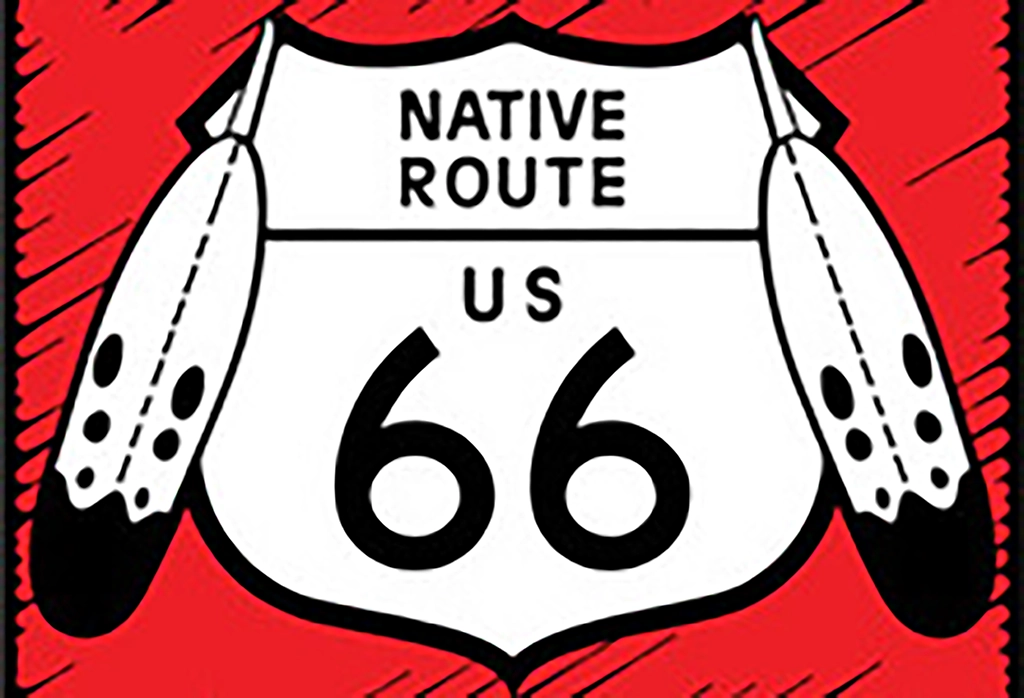 Illustration eines Route-66-Schilds mit der Aufschrift „Native Route US 66“ und Federn.