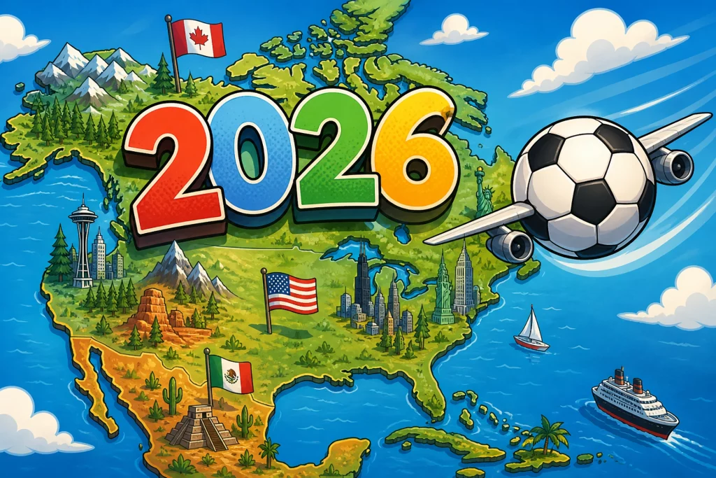 Alt-Text: Illustration von Nordamerika mit großer „2026“-Schrift und Fußball-Flugzeug über USA, Kanada und Mexiko