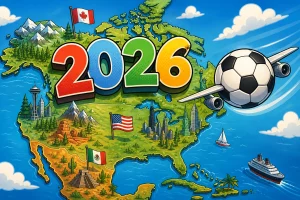 Alt-Text: Illustration von Nordamerika mit großer „2026“-Schrift und Fußball-Flugzeug über USA, Kanada und Mexiko