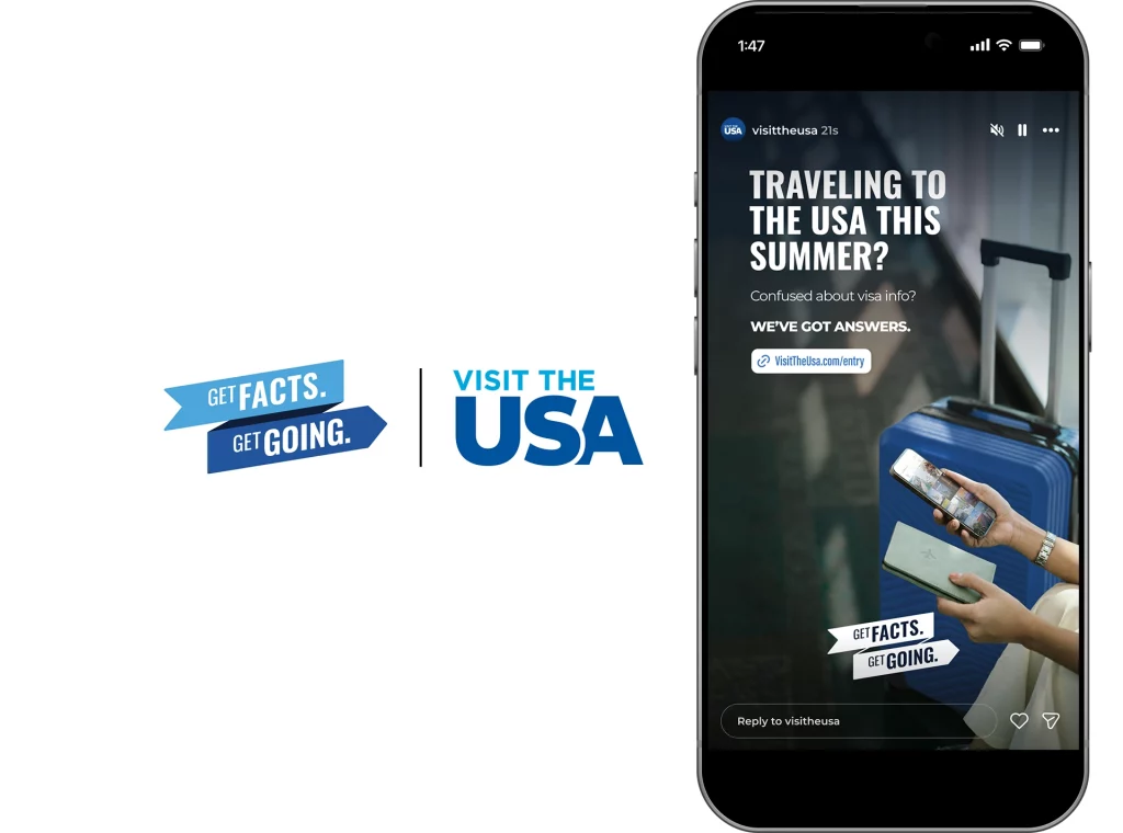 Smartphone mit „Get Facts. Get Going.“-Kampagne für USA-Reisen und Visa-Informationen.