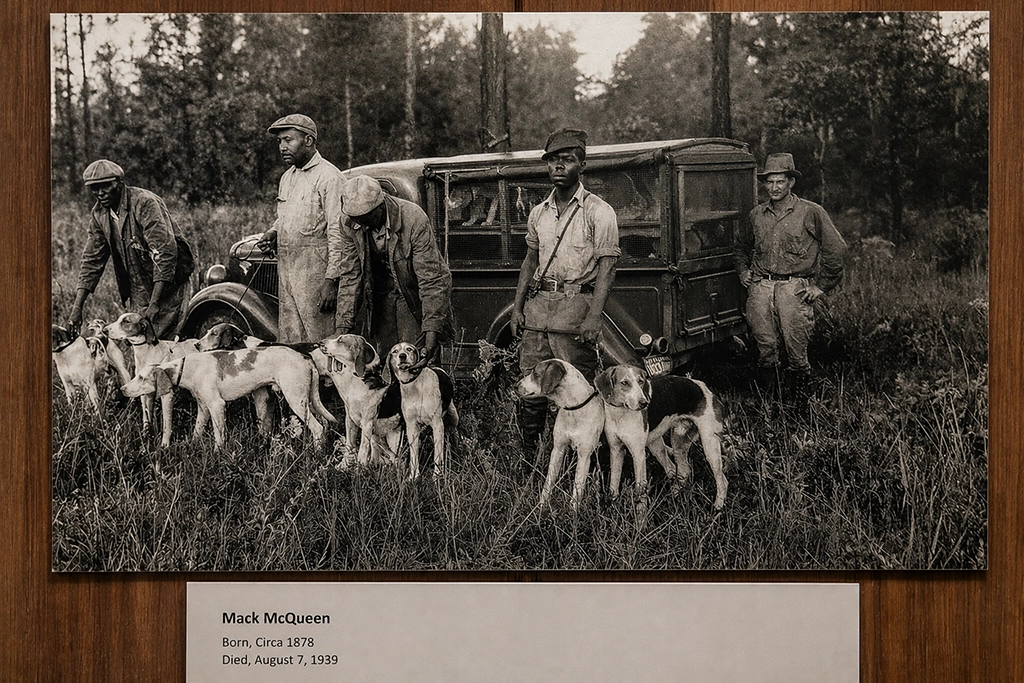 Historisches Foto von Mack McQueen mit Jagdhunden auf Pebble Hill Plantation.