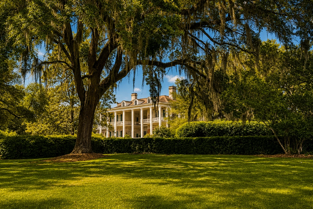Pebble Hill Plantation hinter alten Eichen mit Spanish Moss in Georgia.