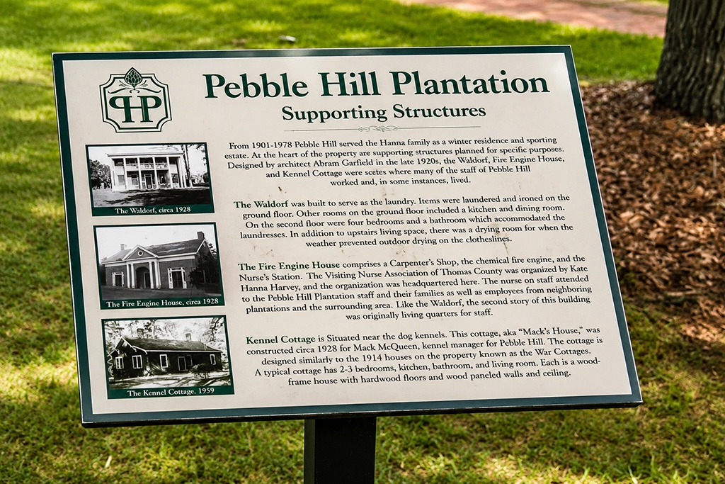 Informationstafel zu den historischen Wirtschaftsgebäuden der Pebble Hill Plantation.