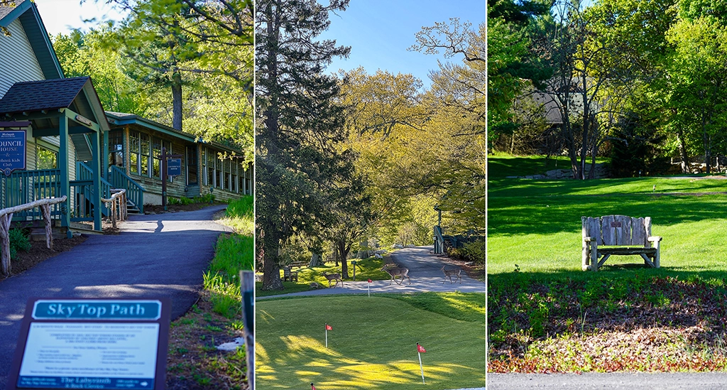 Collage mit Wegen, Golfplatz, Rehen und Gartenanlagen im Mohonk Mountain House.