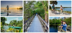 Collage mit Wandern, Kajakfahren, Radfahren und Stand-up-Paddling rund um Fort Myers.