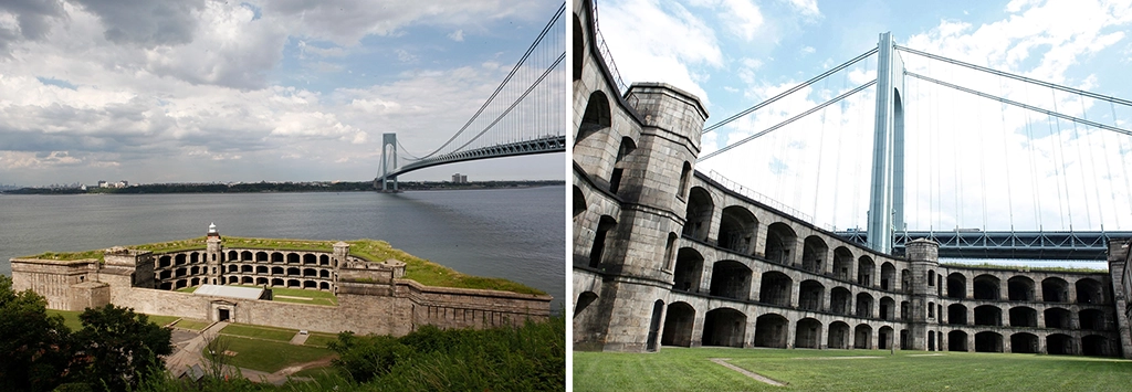 Fort Wadsworth auf Staten Island mit Battery Weed und der Verrazzano-Narrows Bridge über dem New Yorker Hafen.