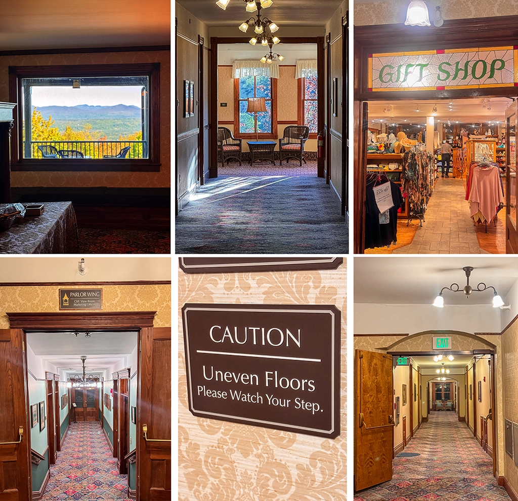 Collage mit historischen Fluren, Aussicht, Souvenirshop und Details des Mohonk Mountain House.