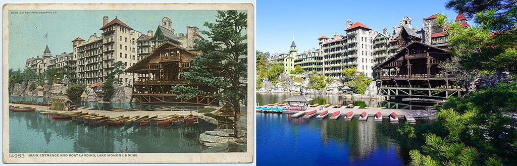 Historische Postkarte und heutige Ansicht des Mohonk Mountain House im direkten Vergleich.