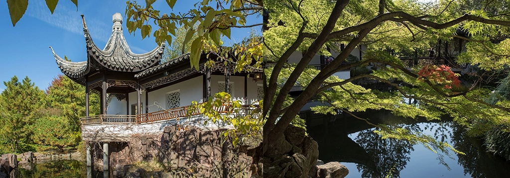 Chinesischer Garten mit traditionellem Pavillon, Felsen und altem Baumbestand im Snug Harbor Cultural Center auf Staten Island.