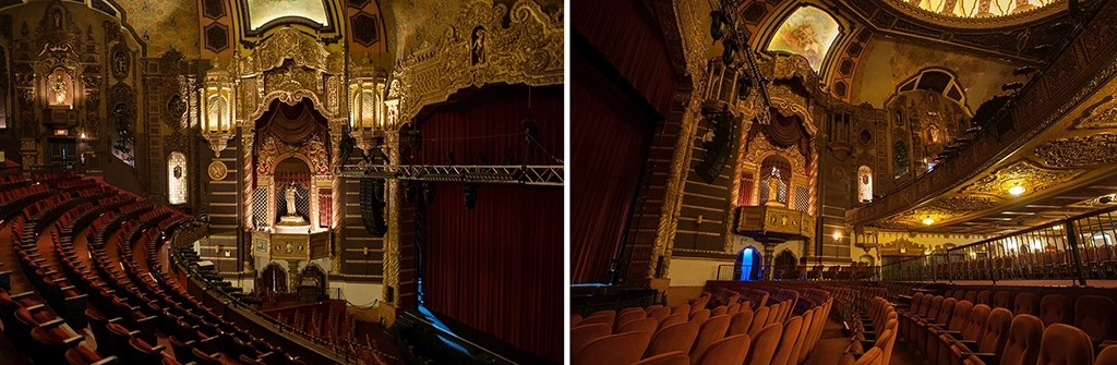 Prunkvoller historischer Zuschauerraum des St. George Theatre auf Staten Island mit roten Sitzen, Logen und reich verzierten Wänden.