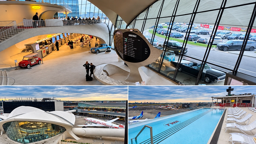 Collage des TWA Hotel am JFK Airport in New York mit Flight Center, historischem Flugzeug und Rooftop-Pool