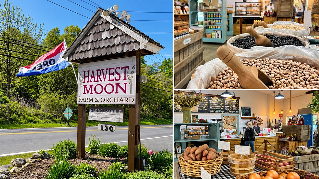Collage der Harvest Moon Farm & Orchard mit Hofschild, Bohnen, Gemüse und Farm Store im Hudson Valley