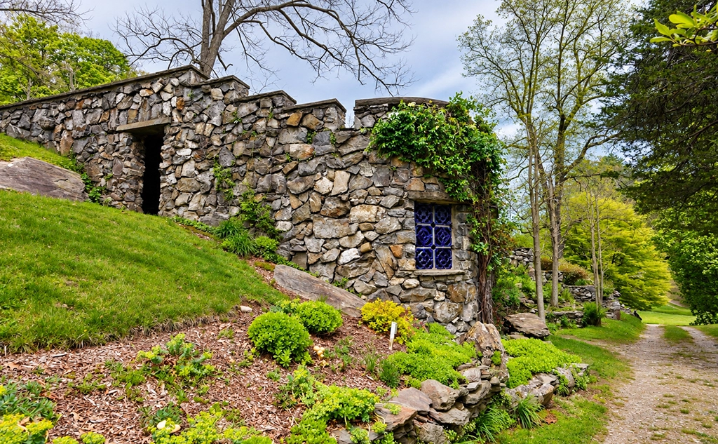 Steingebäude mit blauem Fenster im Innisfree Garden im Hudson Valley