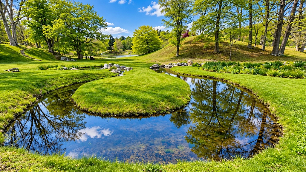 Geschwungener Wasserlauf zwischen grünen Wiesen und Bäumen im Innisfree Garden in New York State