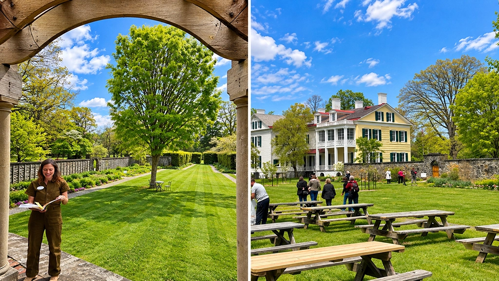 Bellefield in Hyde Park mit historischem Wohnhaus, Gartenanlage, Besuchern und Picknicktischen im Hudson Valley.