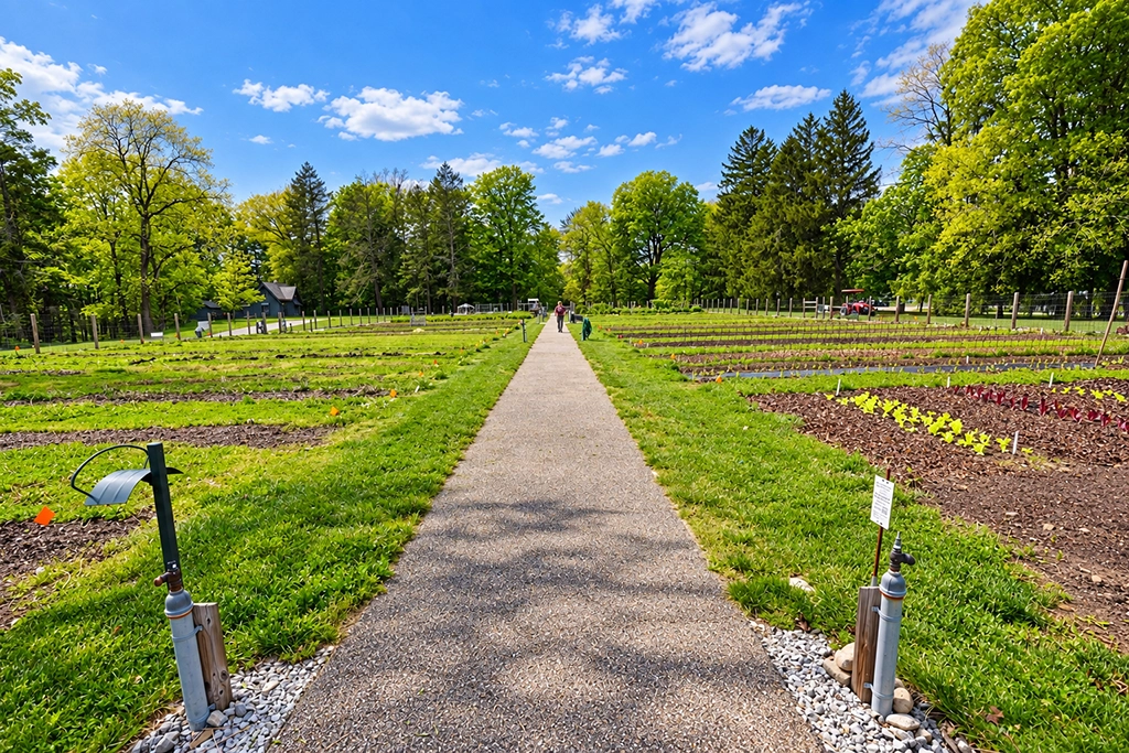 Historischer Home Garden von Franklin D. Roosevelt in Hyde Park mit Gemüsebeeten und zentralem Gartenweg.