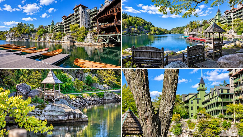 Collage mit Mohonk Mountain House, Lake Mohonk, Ruderbooten und historischen Holzpavillons in den Shawangunk Mountains in New York State.