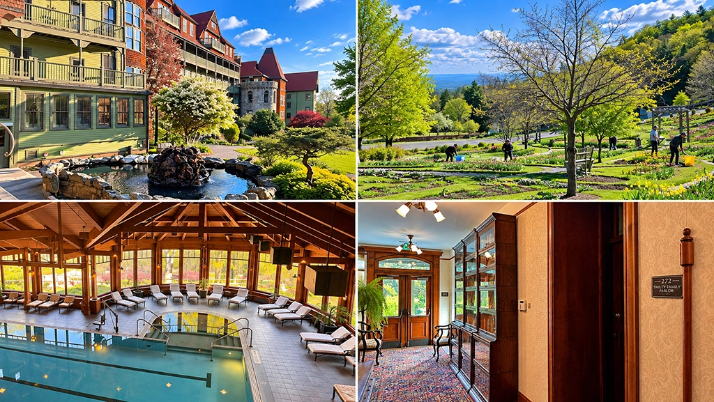 Collage mit Gartenanlage, Gewächshaus, historischem Smiley Family Parlor und Innenpool im Mohonk Mountain House im Hudson Valley.