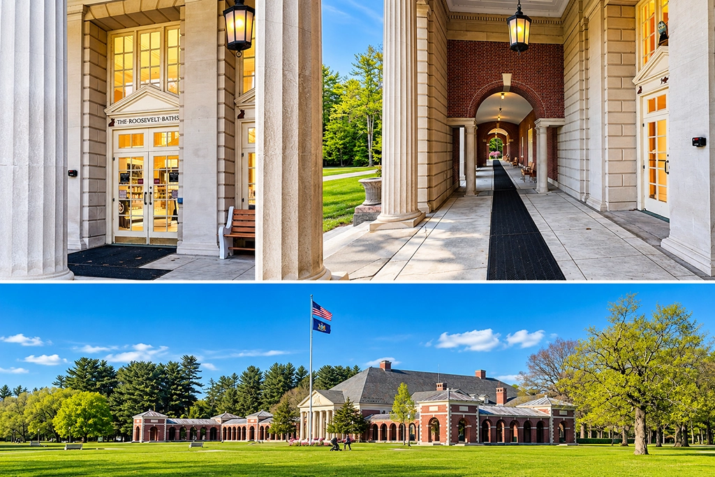 Collage mit Eingang und Säulengang der historischen Roosevelt Baths im Saratoga Spa State Park in Saratoga Springs.