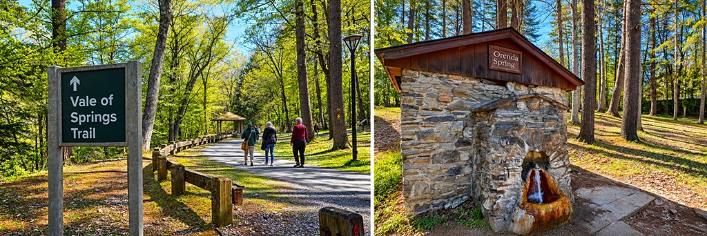 Collage mit Vale of Springs Trail und Orenda Spring, einer Mineralquelle im Saratoga Spa State Park in New York.