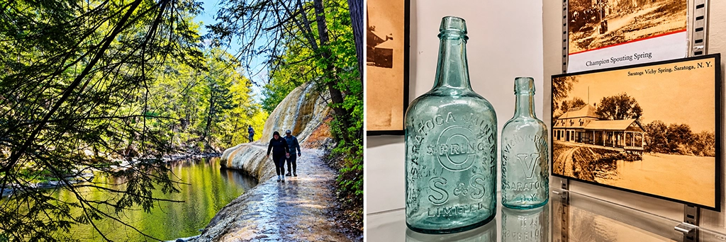 Collage aus Saratoga Spa State Park mit Quelllandschaft sowie historischen Mineralwasserflaschen und Fotografien aus Saratoga Springs.