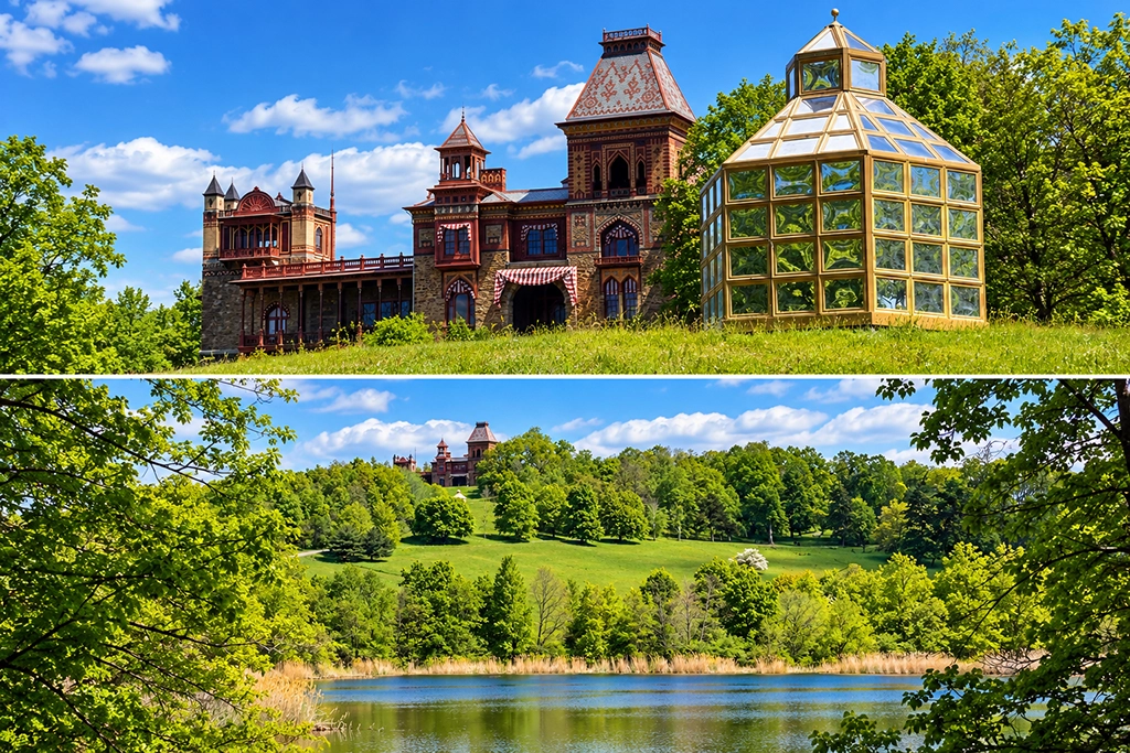 Historisches Wohnhaus von Frederic Edwin Church auf dem Anwesen Olana mit orientalisch inspirierter Architektur und gläsernem Anbau.