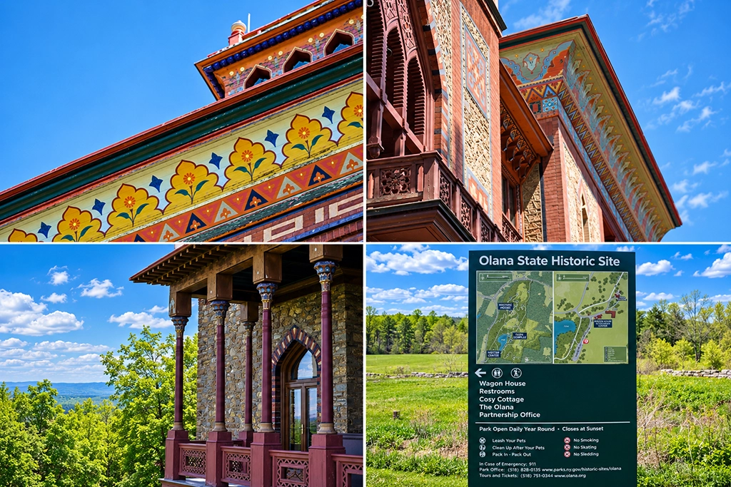Collage mit farbenprächtigen Architekturdetails, Veranda und Lageplan der Olana State Historic Site im Hudson Valley.